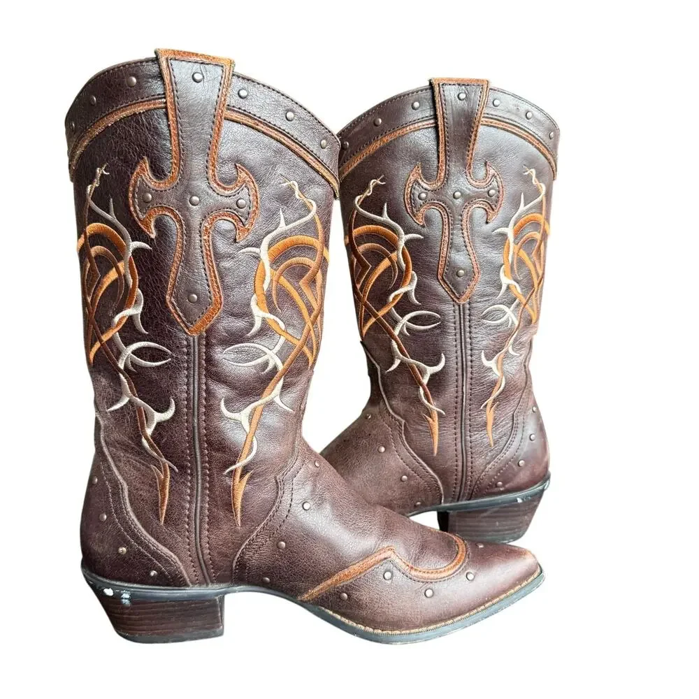 Durango Crush Cowboy Boots Women’s Brown Leather Embroidered‎ w/ Cross 13” - 9.5